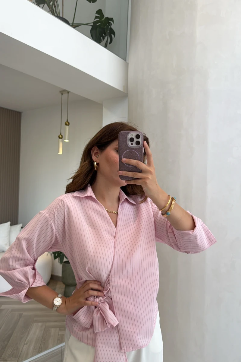 Lyssa Bağlamalı Çizgili Bluz - Pembe - Kod: 1089