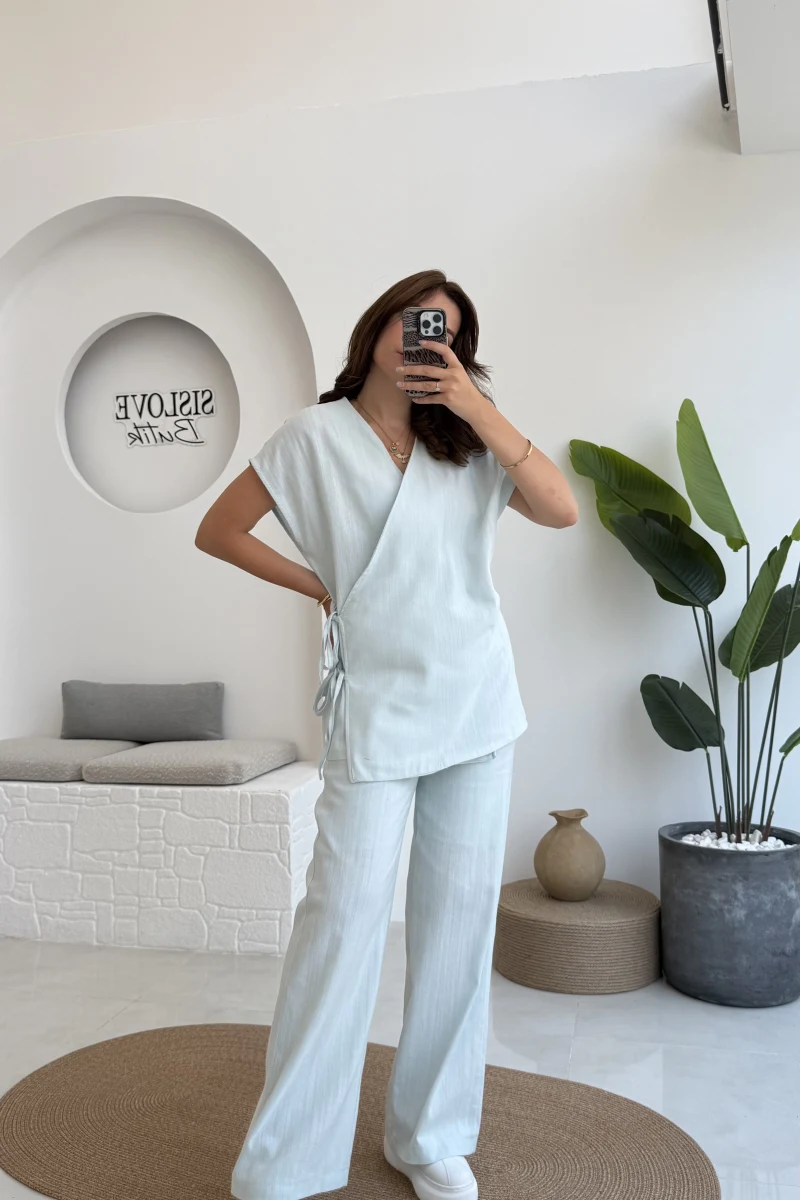 Madiya Keten Yandan Bağlamalı Takım Mavi