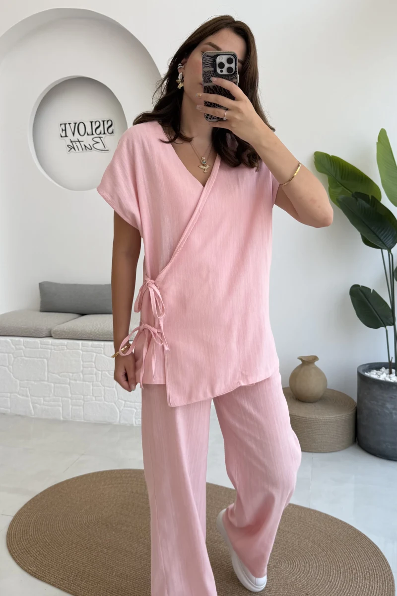 Madiya Keten Yandan Bağlamalı Takım Pembe