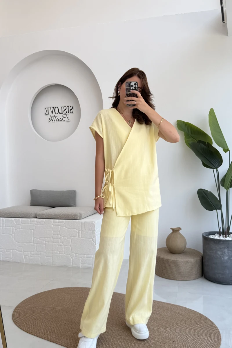 Madiya Keten Yandan Bağlamalı Takım Sarı