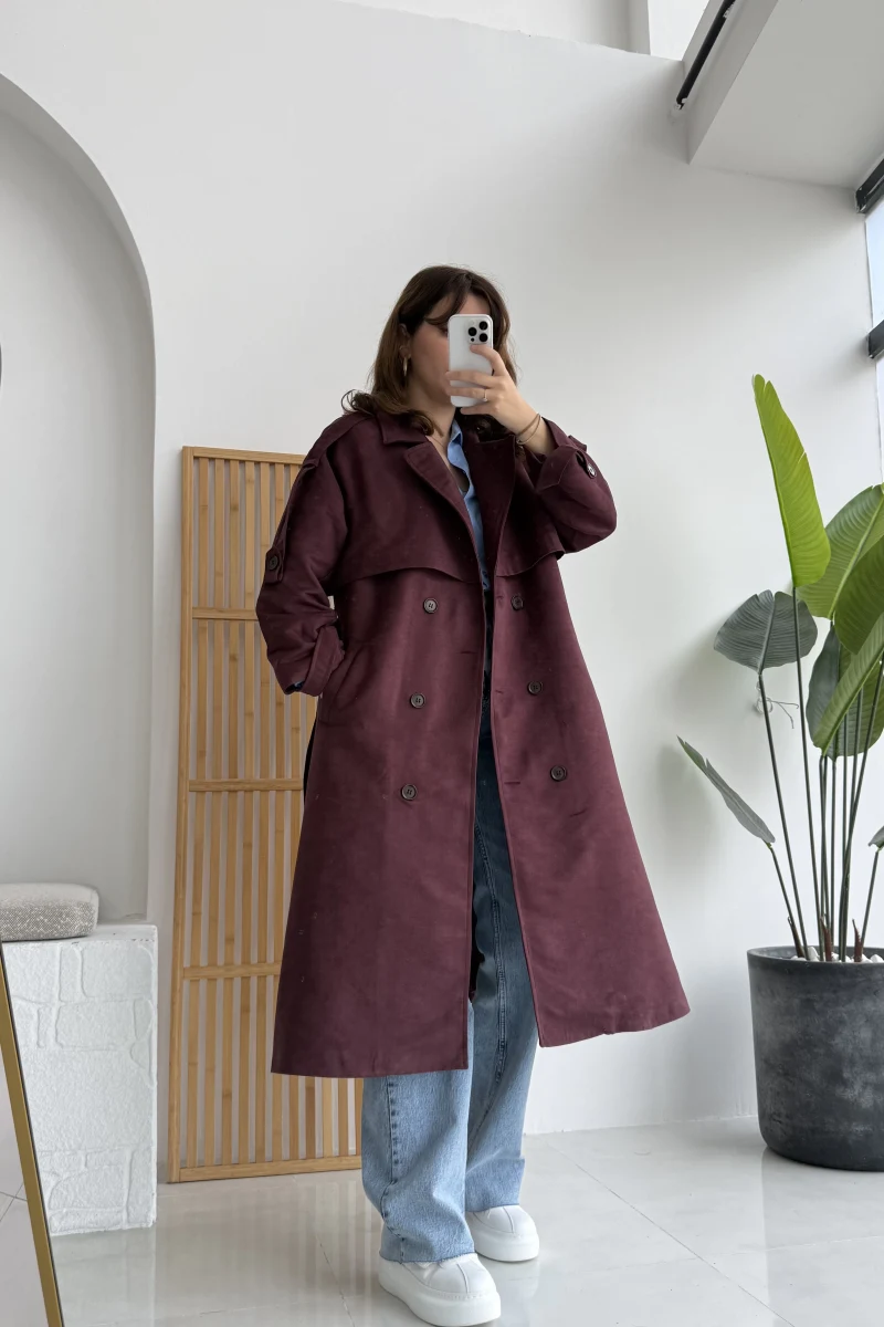 Maggie Kuşaklı Süet Kaban - Bordo - Kod: 7031