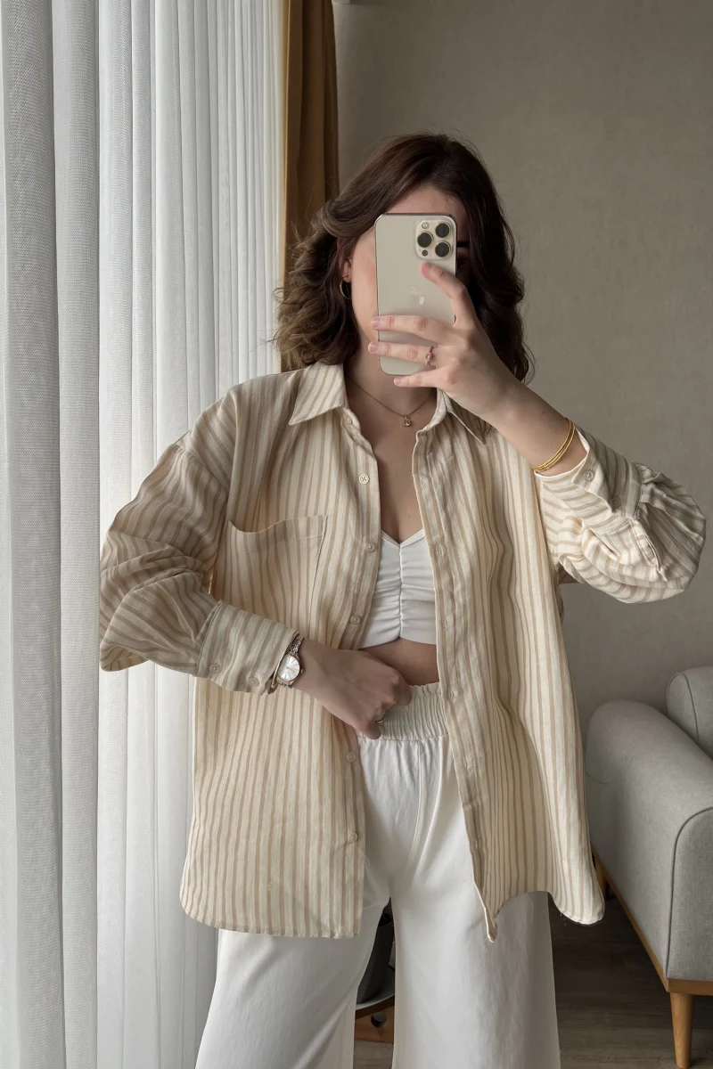 Magla Oversize Keten Kahve Çizgili Gömlek