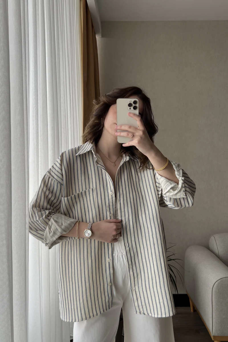 Magla Oversize Keten Mavi Çizgili Gömlek