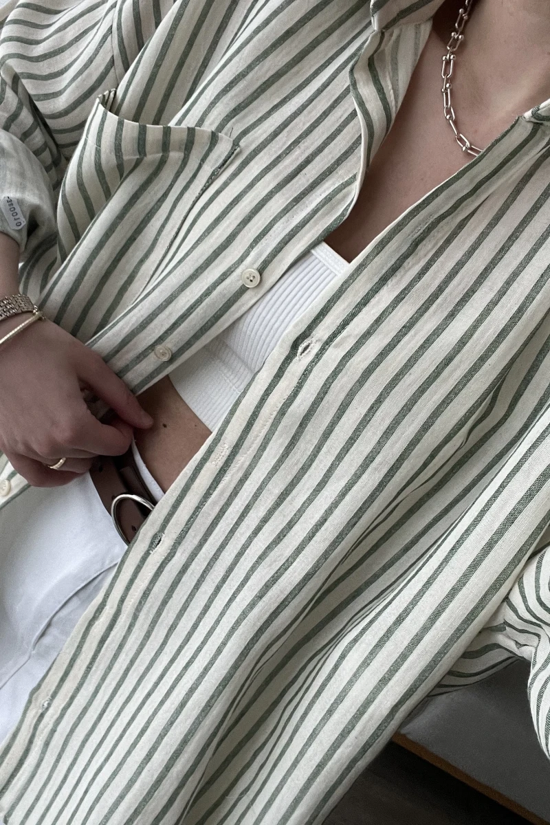 Magla Oversize Keten Yeşil Çizgili Gömlek