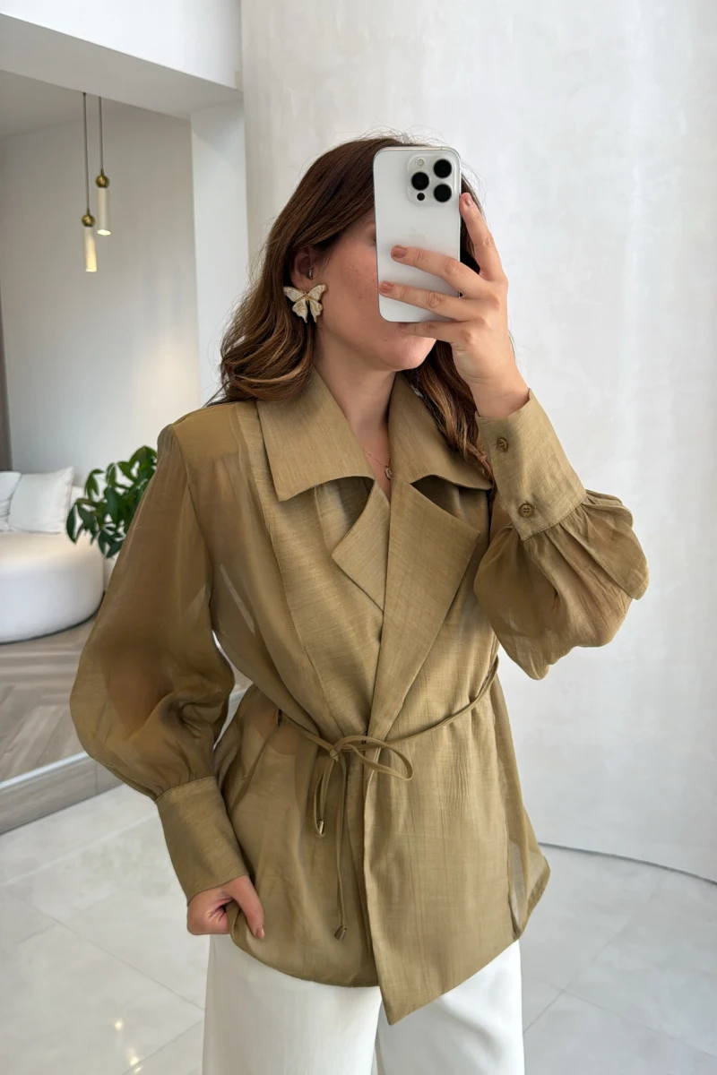 Maisie Vatkalı Transparan Bağlamalı Gömlek - Olive - Kod: 5029