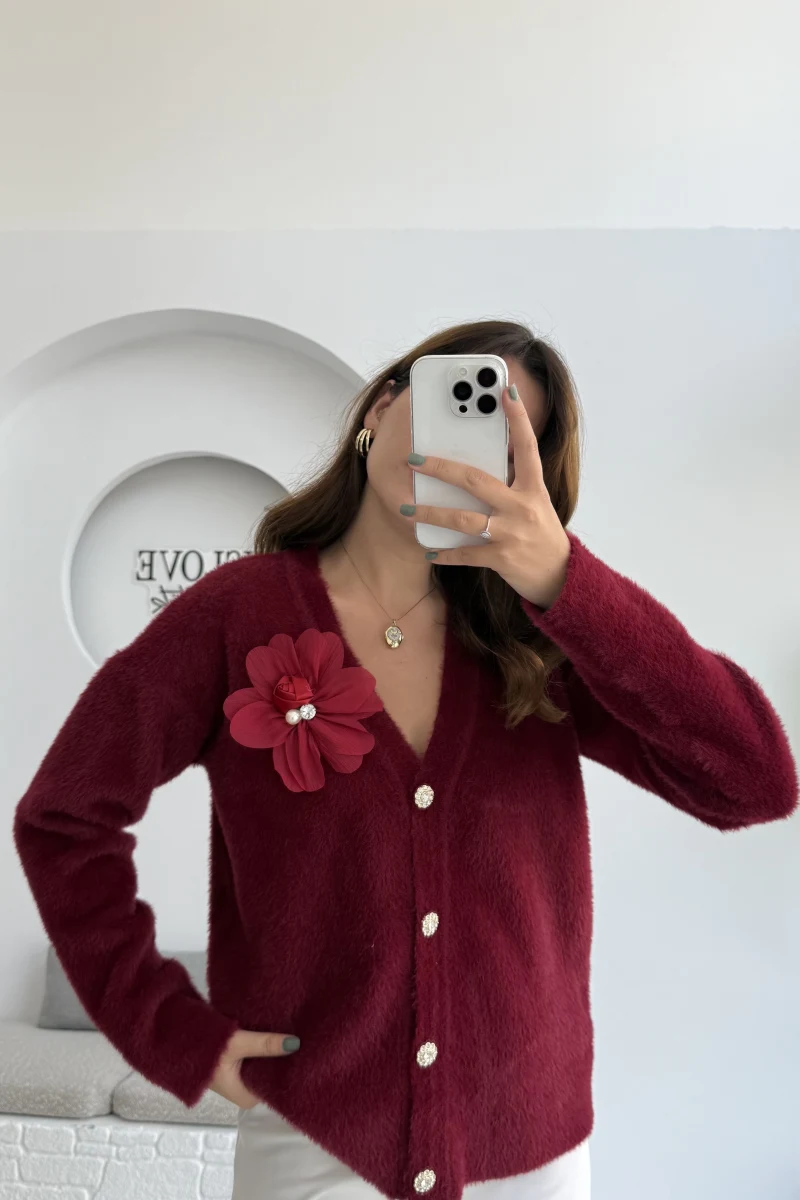 Mandy Çiçek Detay Hırka - Bordo - Kod: 25301