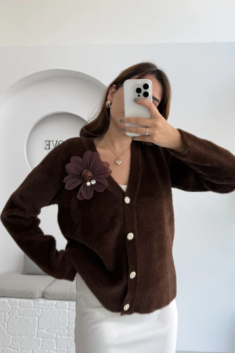 Mandy Çiçek Detay Hırka - Kahverengi - Kod: 25301