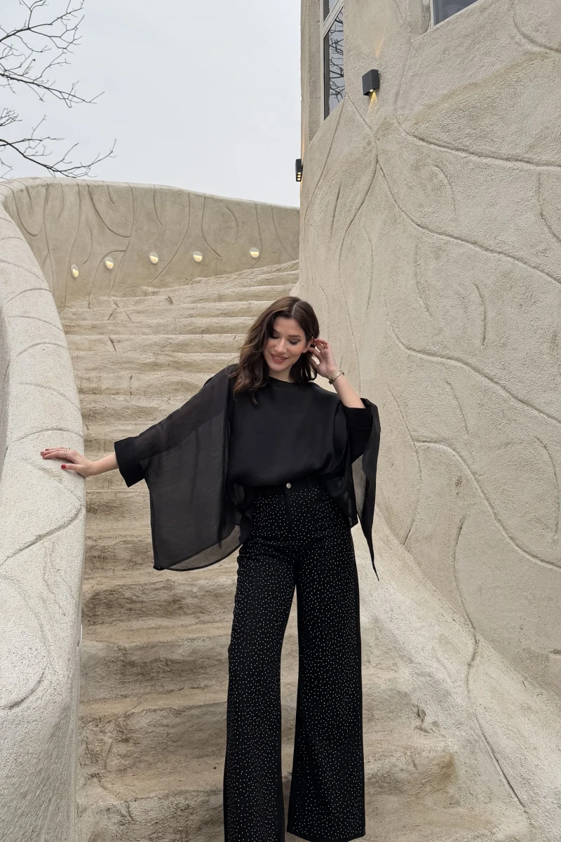 Mang Siyah Taşlı Yüksel Bel Denim Jean Pantolon