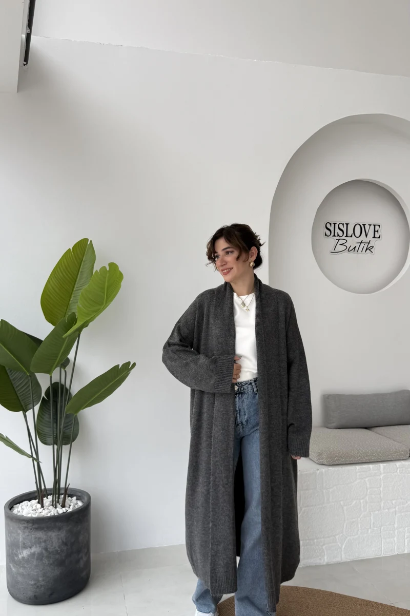 Manon Uzun Triko Hırka - Antrasit - Kod: 25504