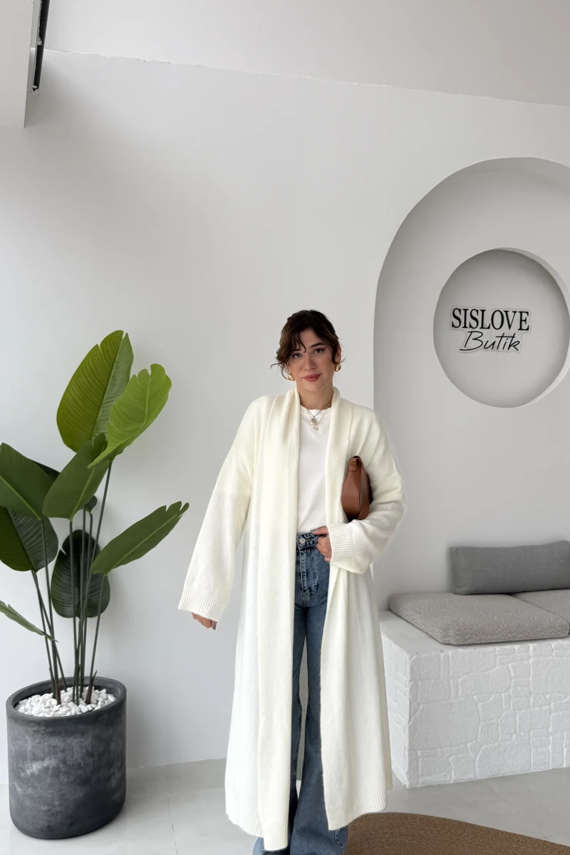 Manon Uzun Triko Hırka - Kırık Beyaz - Kod: 25504