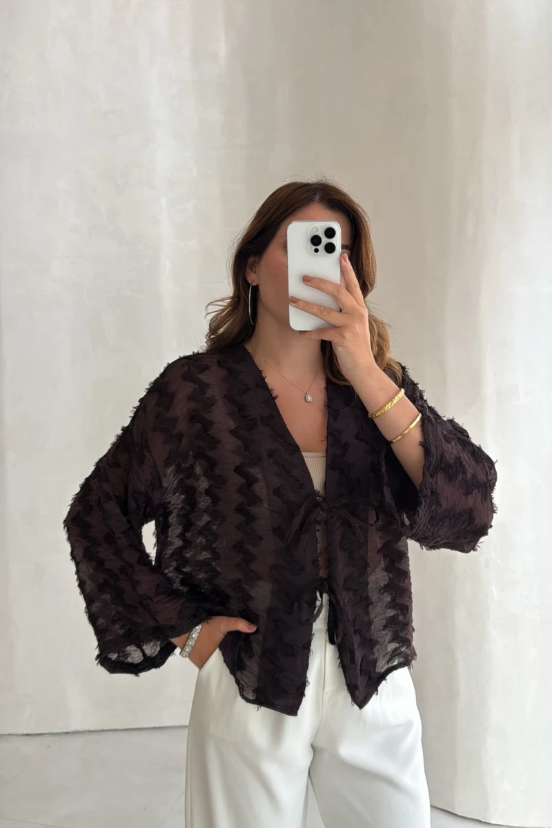 Maria Püskül Şeritli Kimono - Acı Kahve - Kod: 7049
