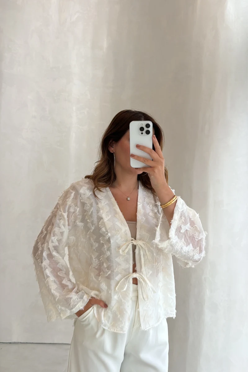 Maria Püskül Şeritli Kimono - Ekru - Kod: 7049