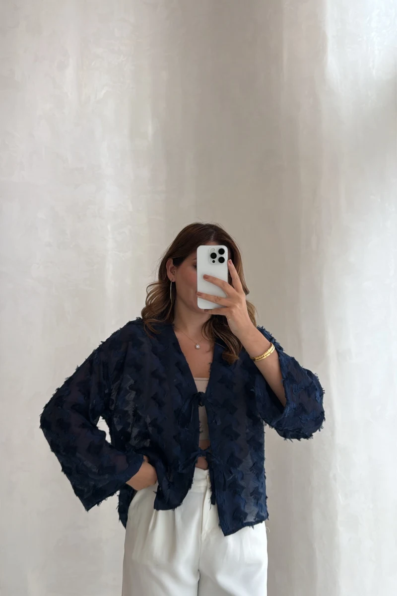 Maria Püskül Şeritli Kimono - Lacivert - Kod: 7049