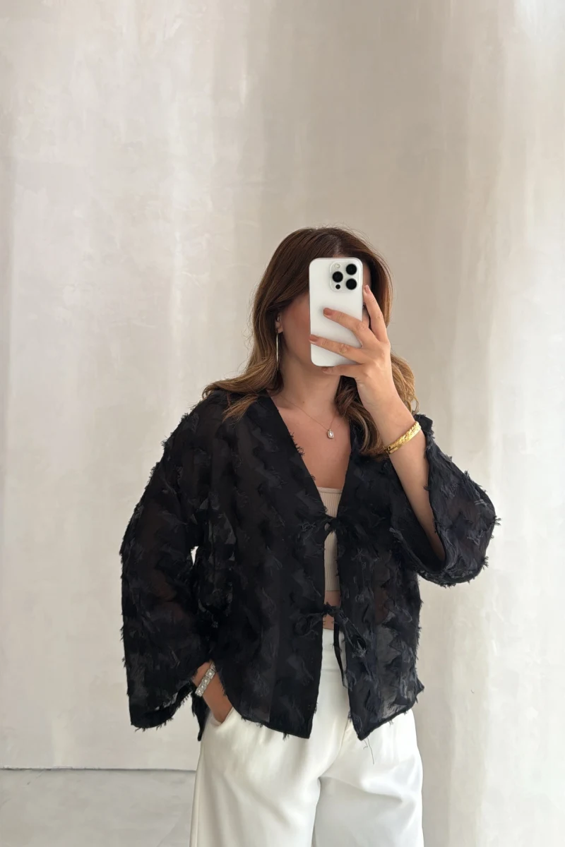Maria Püskül Şeritli Kimono - Siyah - Kod: 7049