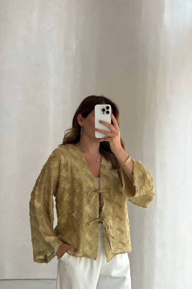 Maria Püskül Şeritli Kimono - Yağ Yeşili - Kod: 7049