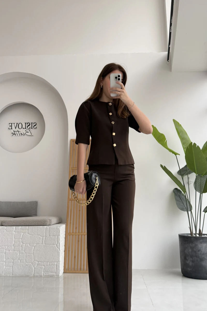 Maribel Düğme Detaylı Yelek Takım - Acı Kahve - Kod: 8809