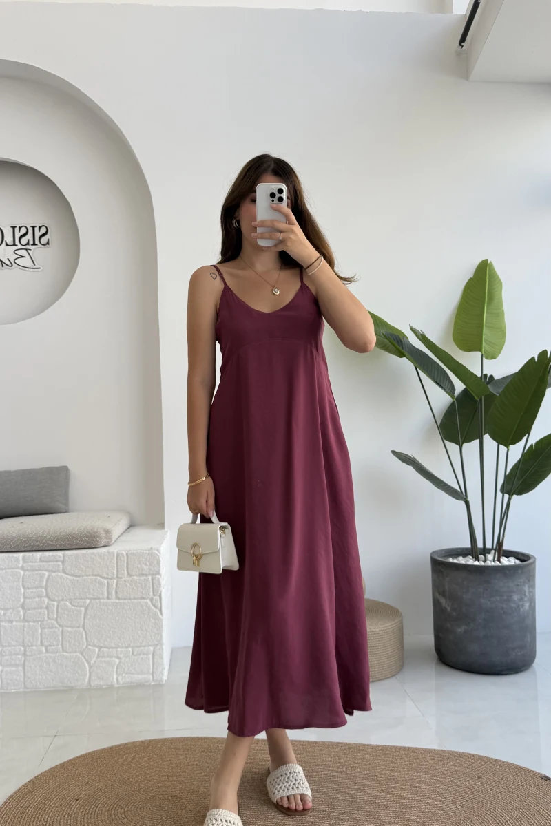 Marien Askılı Modal Elbise - Bordo - Kod: 6020