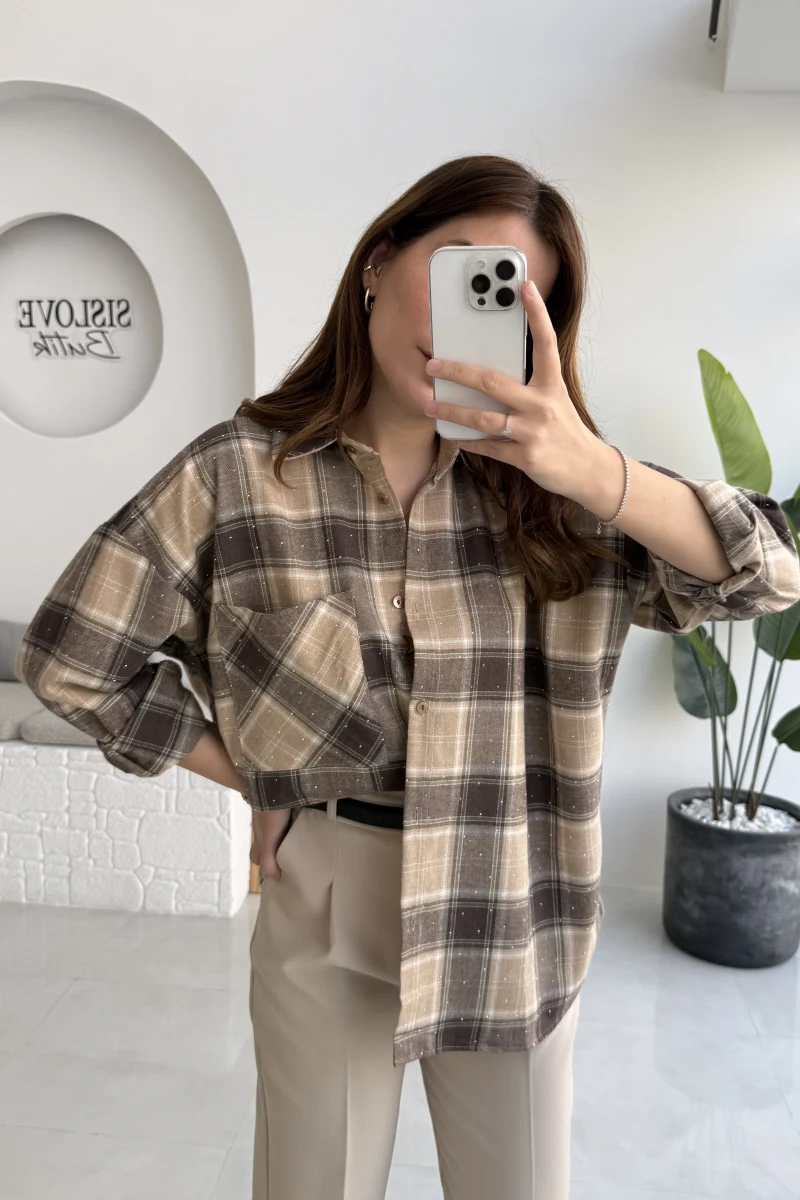 Marley Taşlı Ekose Gömlek - Bej - Kod: 2166