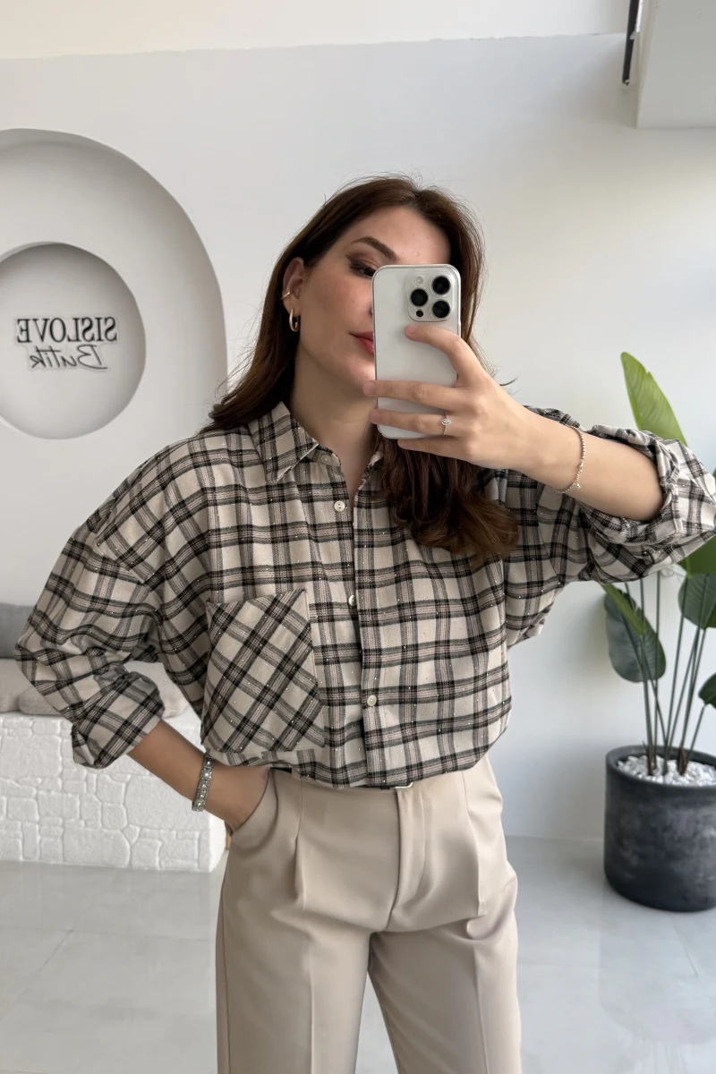 Marley Taşlı Ekose Gömlek - Taş - Kod: 2166