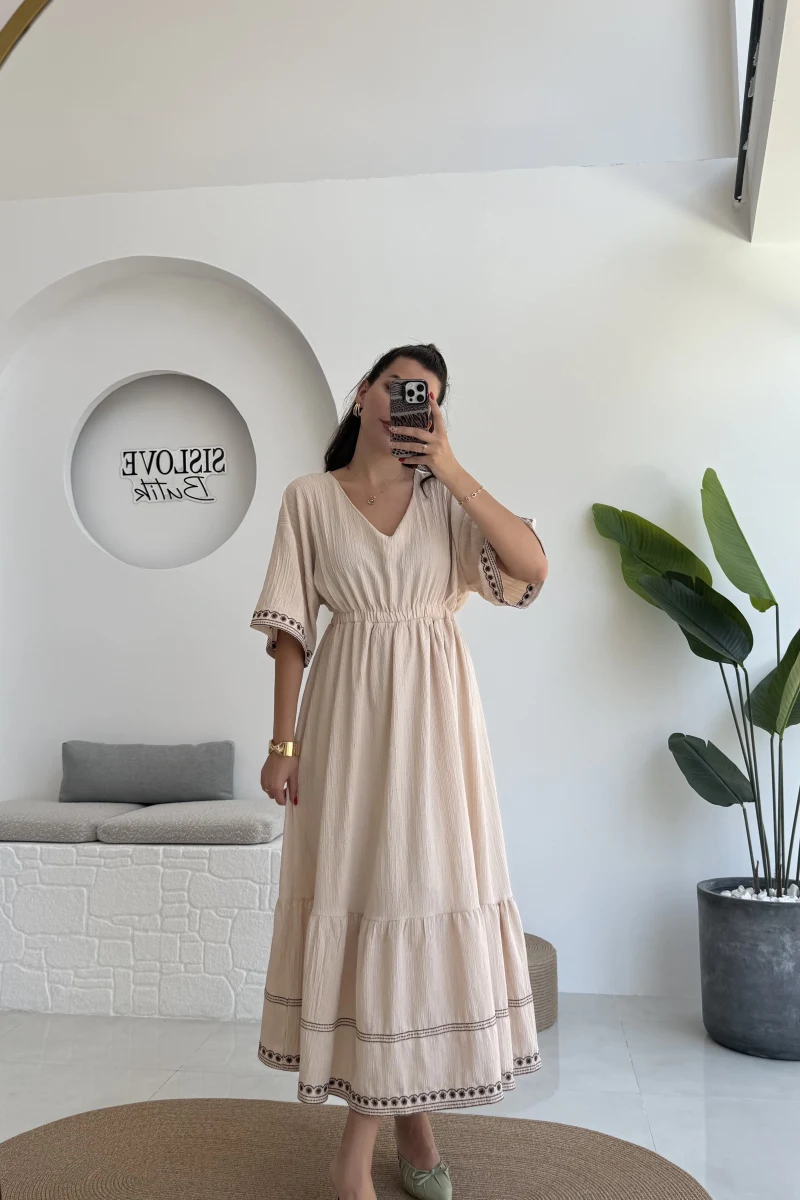 Mars Krem Nakışlı Elbise - 3065