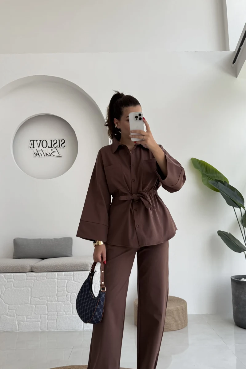 Masha Beli Bağlamalı Gömlek Pantolon Takım - Kahve - 7206