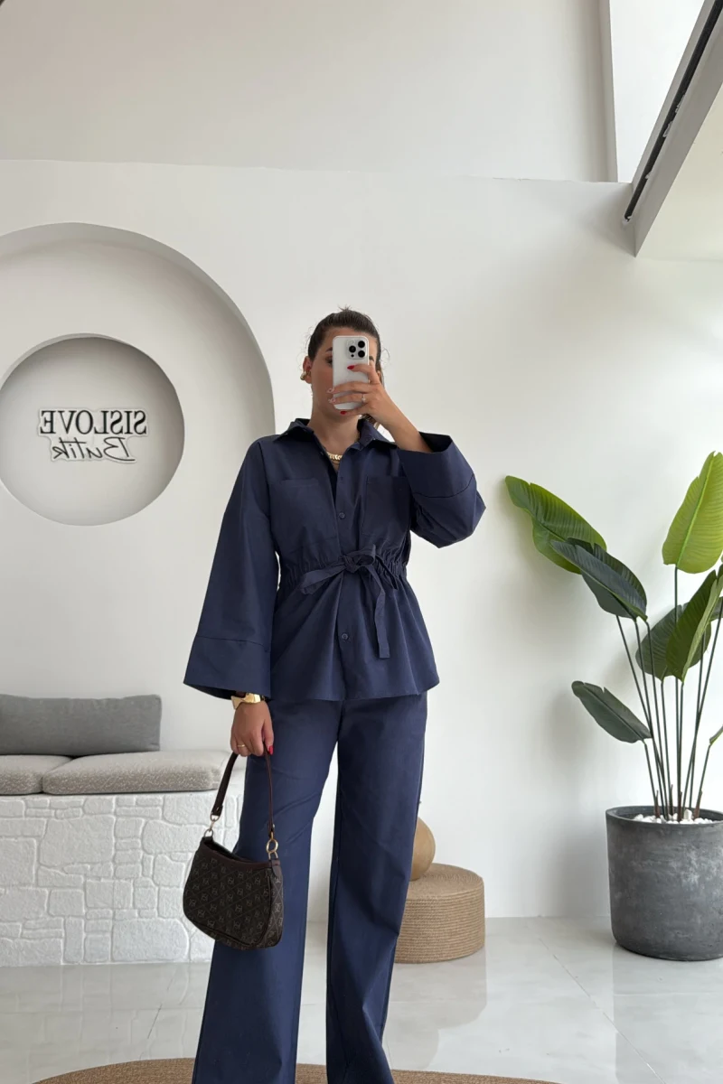 Masha Beli Bağlamalı Gömlek Pantolon Takım - Lacivert - 7206
