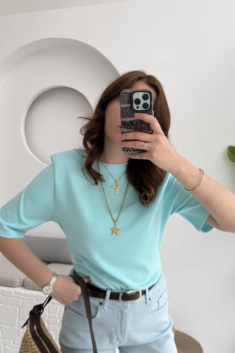 Massi Etiketli Premium Vatkalı T-Shirt Mavi