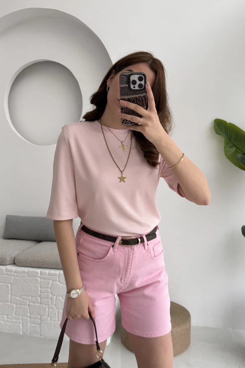 Massi Etiketli Premium Vatkalı T-Shirt Pembe