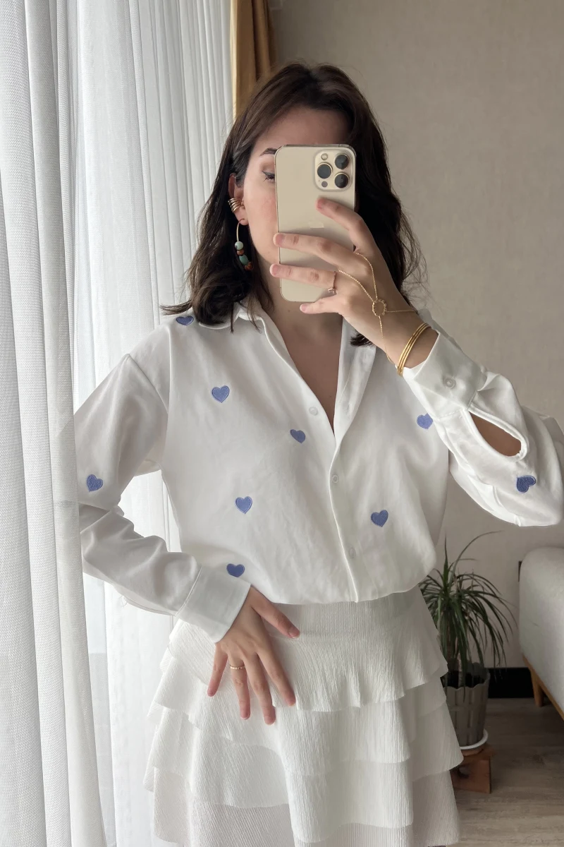 Mavi Kalpli Keten Gömlek