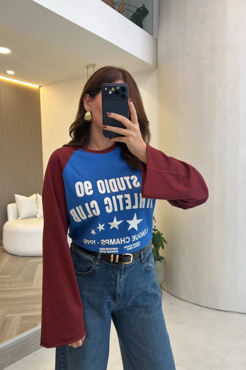 Mavi Bordo Renk Geçişli Baskılı Sweatshirt
