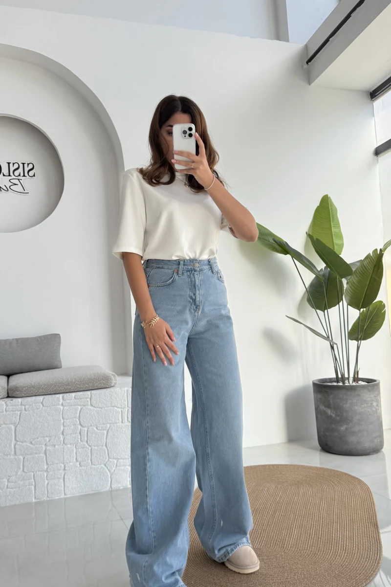 Mavi Yüksel Bel Bol Paça Denim Jean Pantolon - Kod: 864