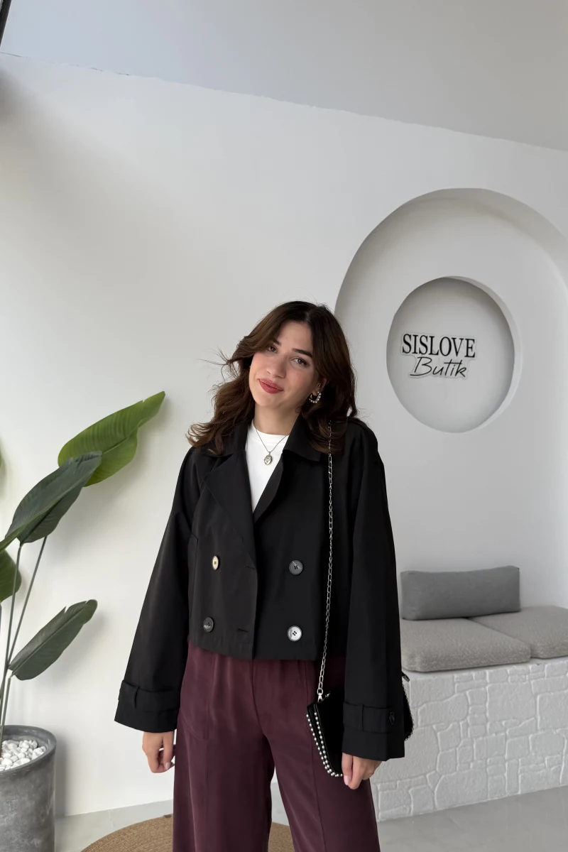 Maya Yarım Kruvaze Trençkot - Siyah - Kod: 7529
