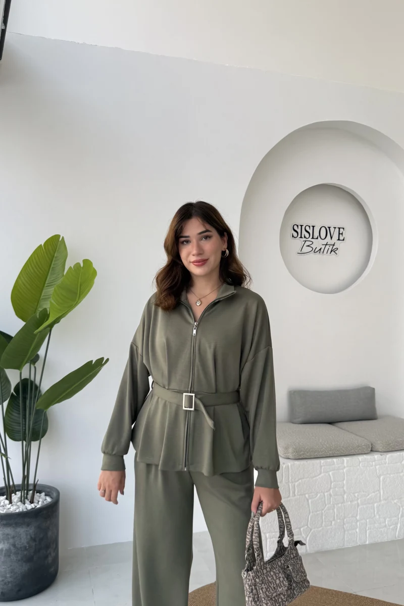 Meeri Kemer Detay Ceket Pantolon Takım - Haki - Kod: 128