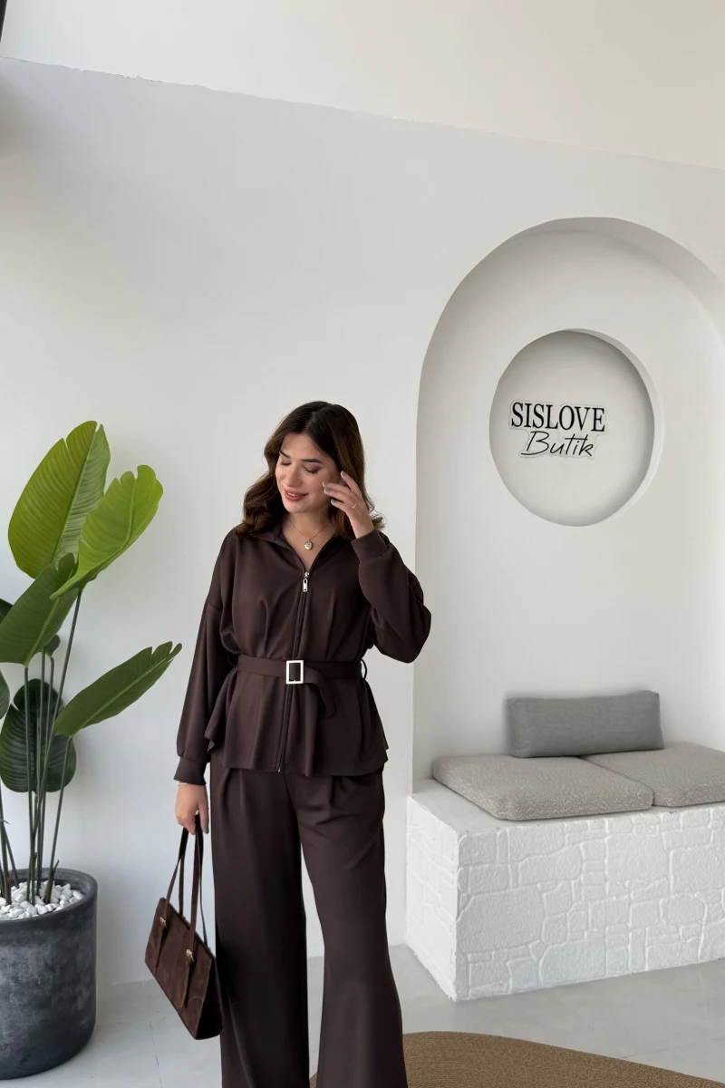 Meeri Kemer Detay Ceket Pantolon Takım - Kahve - Kod: 128