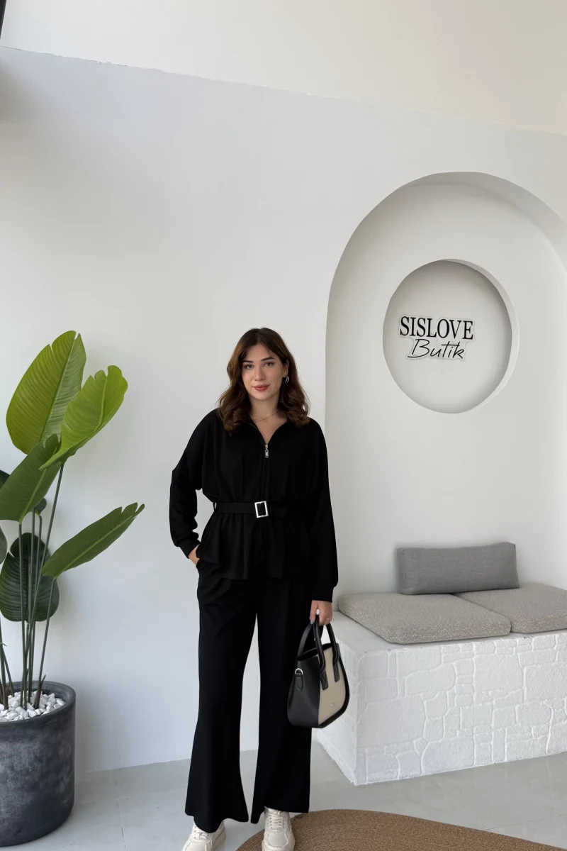 Meeri Kemer Detay Ceket Pantolon Takım - Siyah - Kod: 128