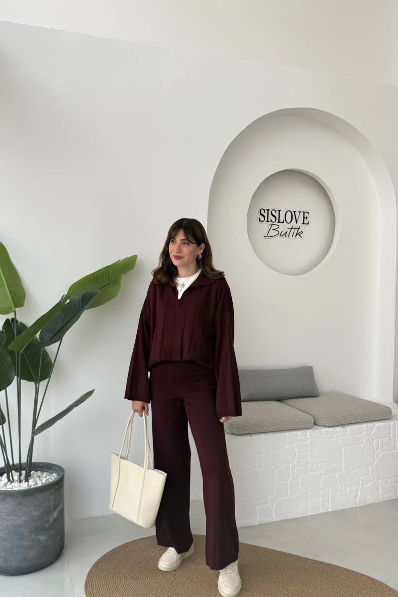 Megan Fitilli Polo Yaka Pantolon Triko Takım - Bordo - Kod: 04588