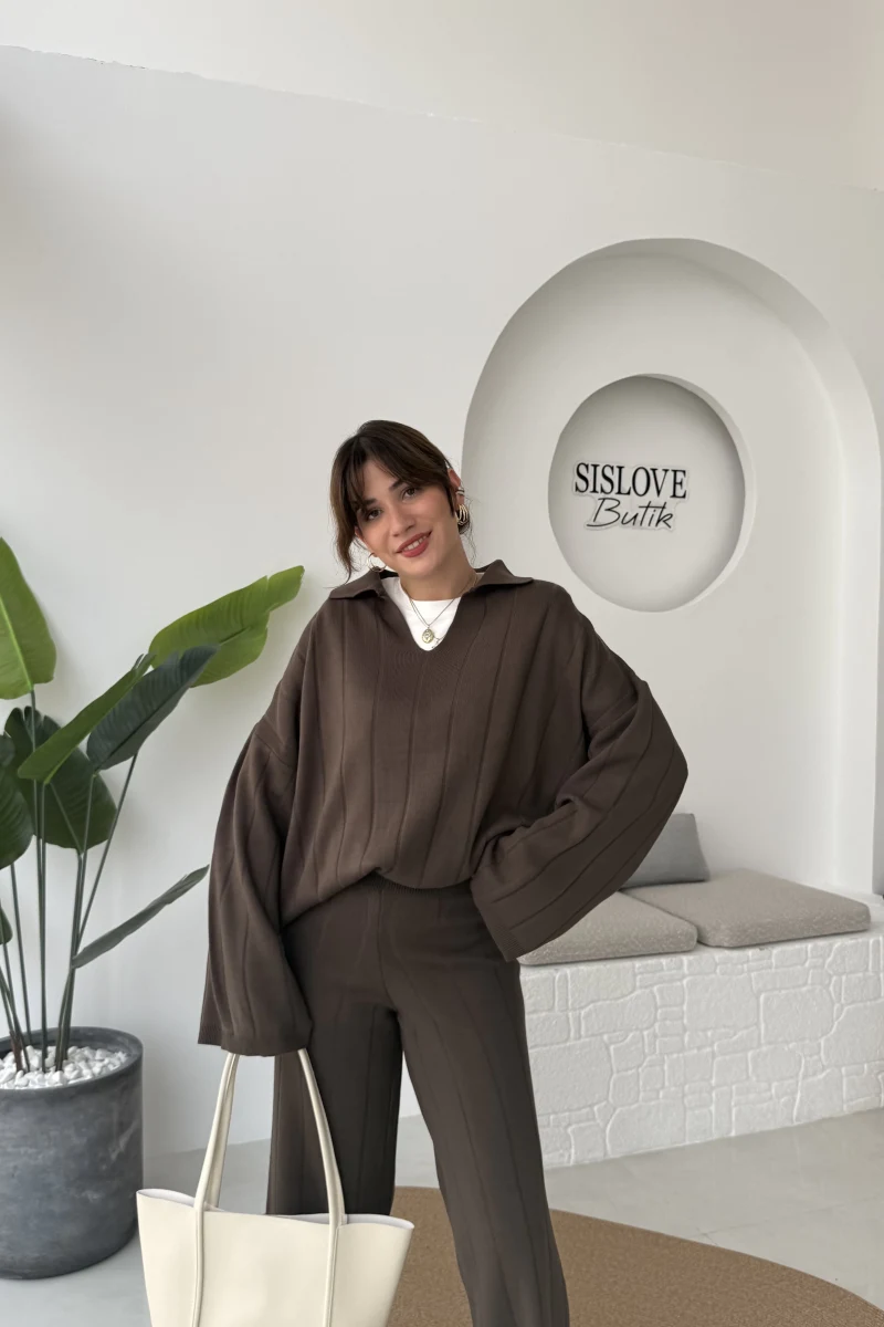 Megan Fitilli Polo Yaka Pantolon Triko Takım - Kahve - Kod: 04588