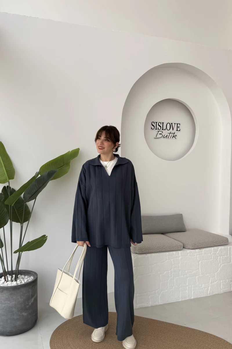 Megan Fitilli Polo Yaka Pantolon Triko Takım - Lacivert - Kod: 04588