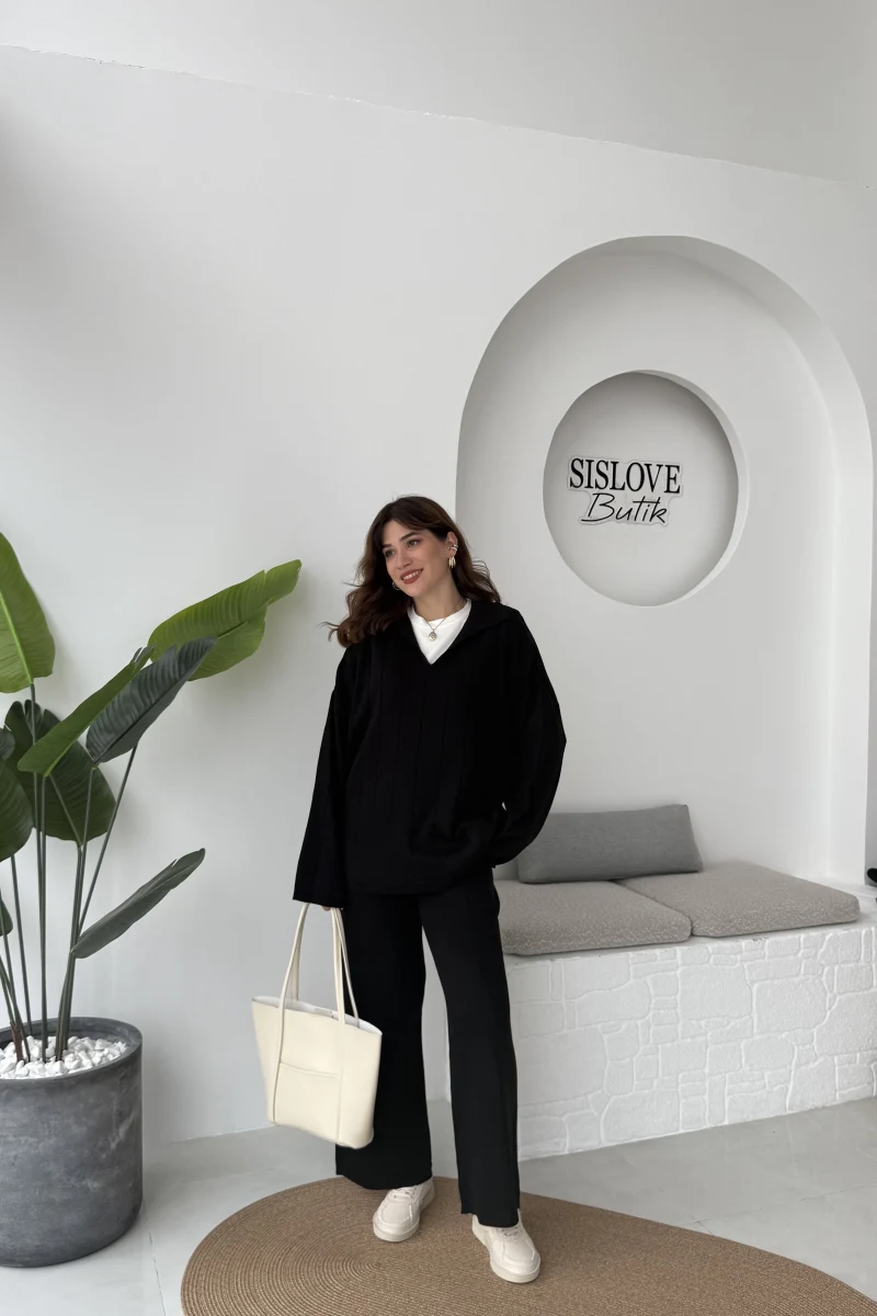 Megan Fitilli Polo Yaka Pantolon Triko Takım - Siyah - Kod: 04588