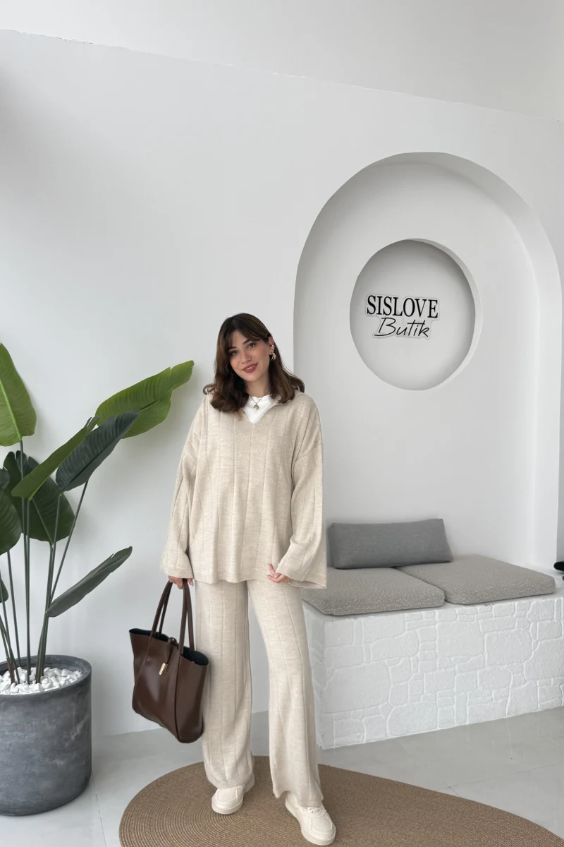 Megan Fitilli Polo Yaka Pantolon Triko Takım - Taş - Kod: 04588