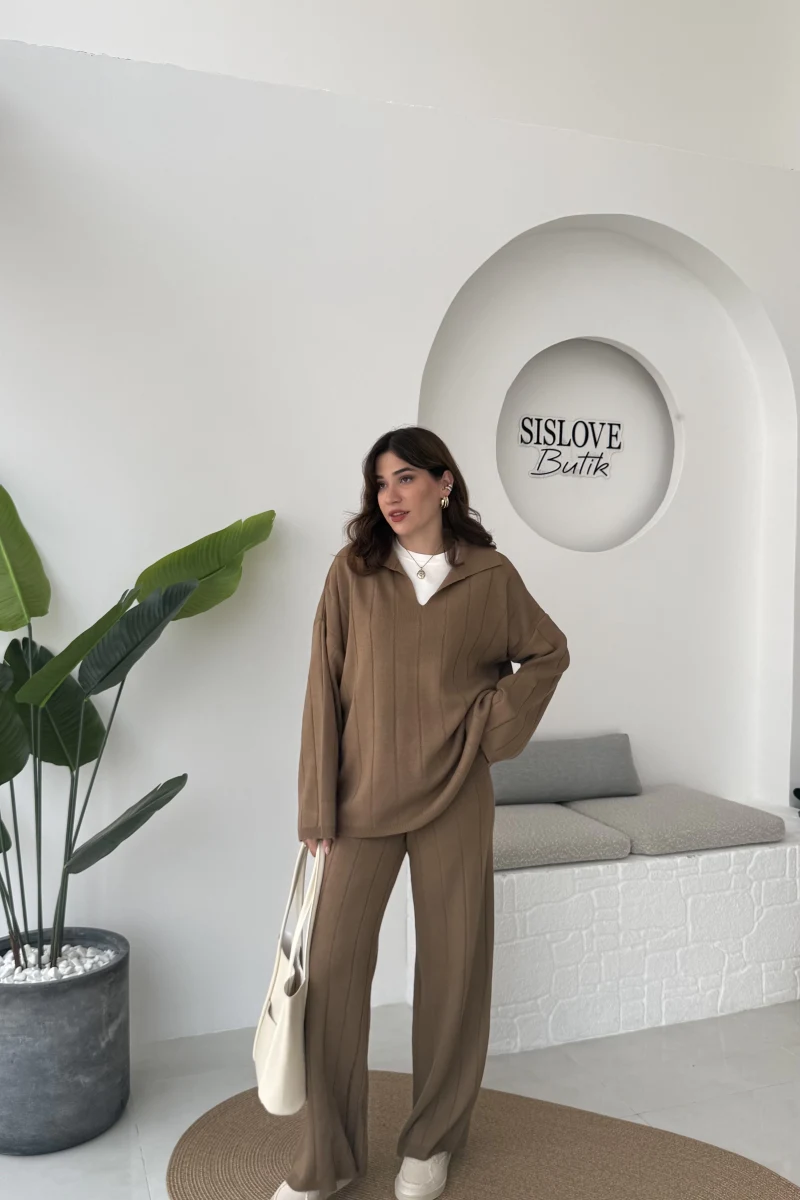 Megan Fitilli Polo Yaka Pantolon Triko Takım - Vizon - Kod: 04588