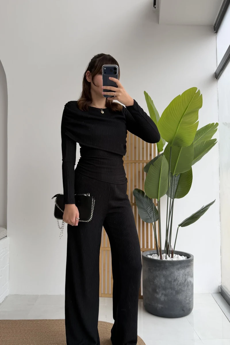 Melanie Fitilli Bluz Pantolon Takım - Siyah