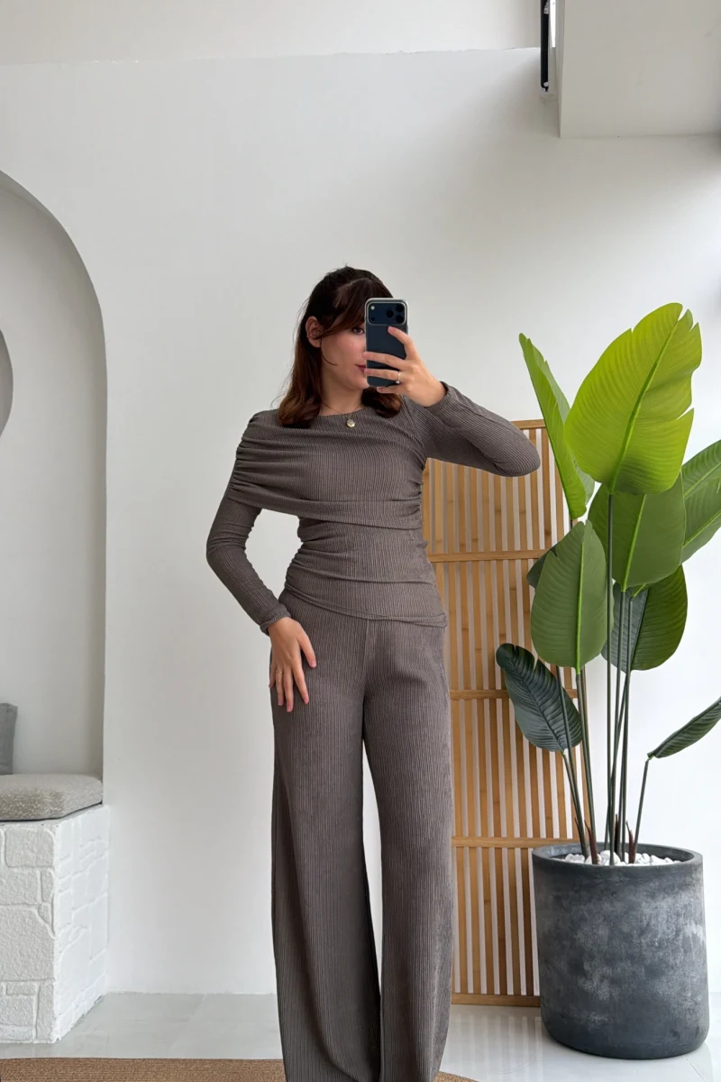 Melanie Fitilli Bluz Pantolon Takım - Vizon Tonları