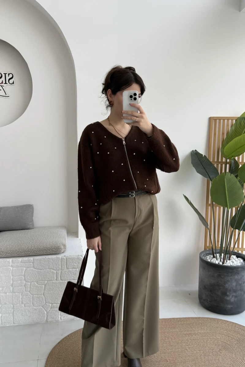 Melina Yüksek Bel Bol Paça Çift Kemerli Pantolon - Haki - Kod: 3663