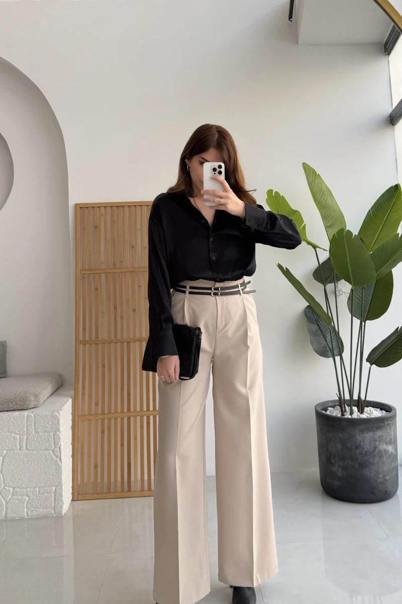 Melina Yüksek Bel Bol Paça Çift Kemerli Pantolon - Taş - Kod: 3663