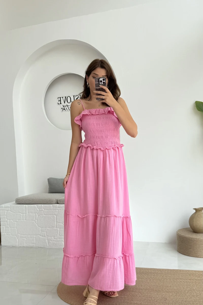Melon Askılı Gipe Detay Elbise Pembe