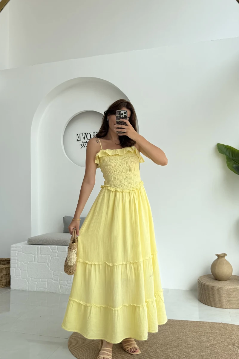 Melon Askılı Gipe Detay Elbise Sarı