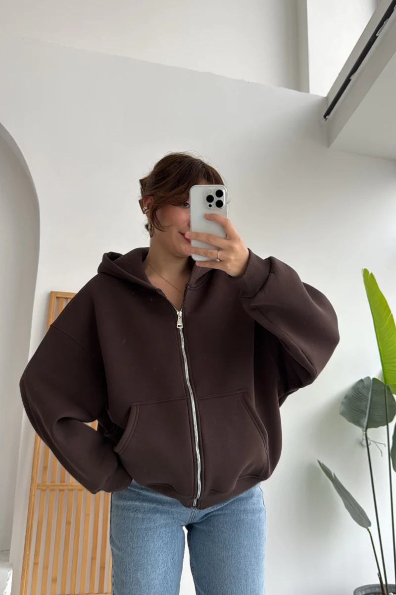 Mercy Oversize Kapüşonlu Hırka Ceket - Kahve
