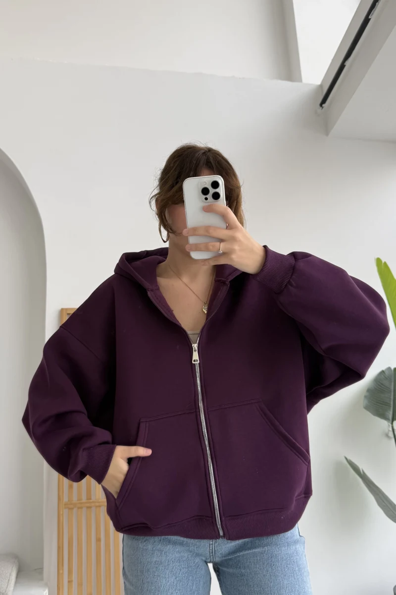Mercy Oversize Kapüşonlu Hırka Ceket - Mor