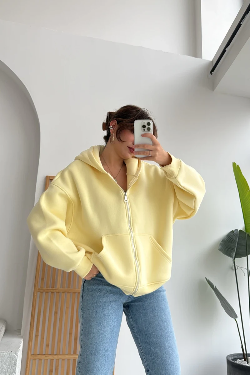 Mercy Oversize Kapüşonlu Hırka Ceket - Sarı